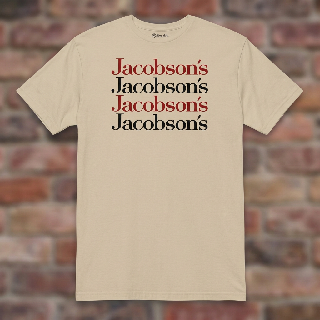 Jacobson's Sand T-shirt flat lay on brick background