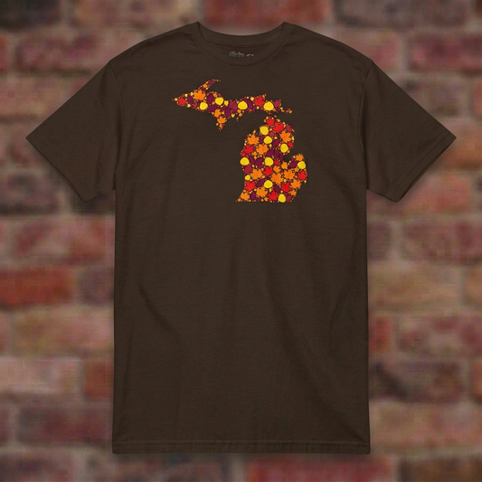 Michigan Fall Leaves Dark Chocolate T-shirt flat lay on brick background
