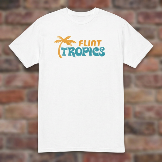 Flint Tropics White T-shirt flat lay on brick background