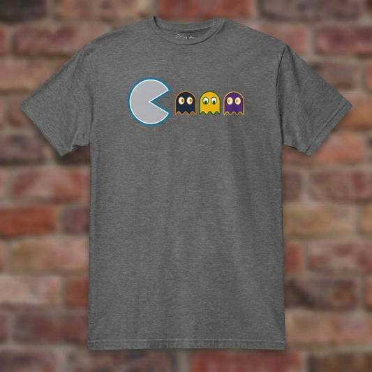 Detroit Pac Man Rivals Graphite Heather T-shirt flat lay on brick background