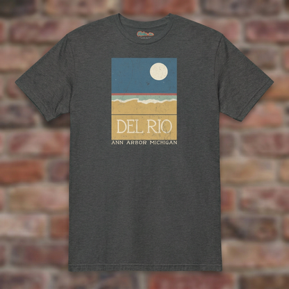 Del Rio Ann Arbor Dark Heather Grey T-shirt flat lay on brick background