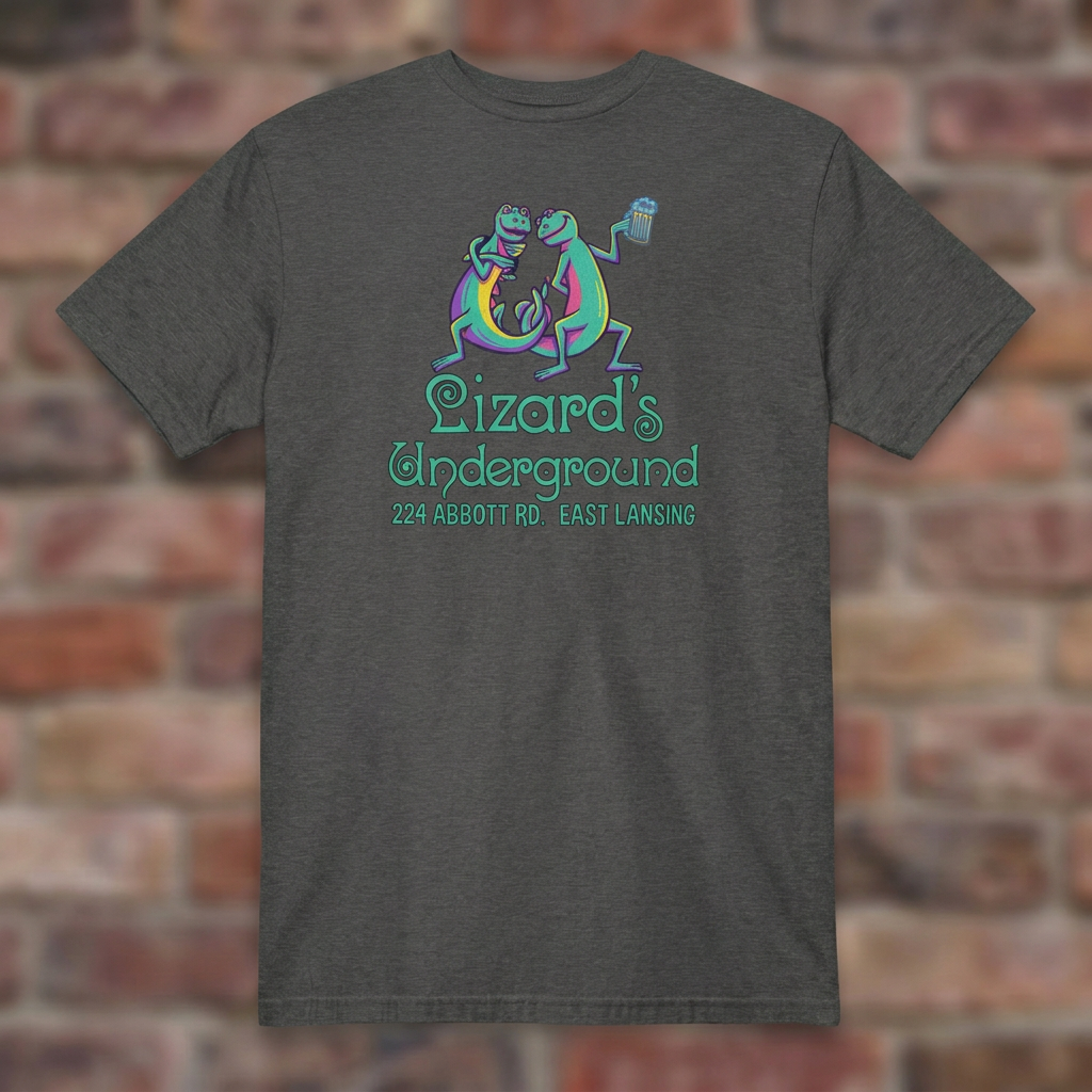 Lizard's Underground East Lansing Dark Heather Grey T-shirt flat lay on brick background