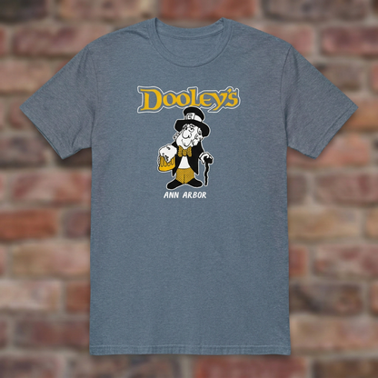 Dooley's Ann Arbor Heather Indigo T-shirt flat lay on brick background