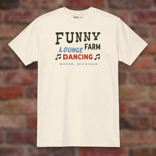 Funny Farm Lounge Wayne Natural T-shirt flat lay on brick background