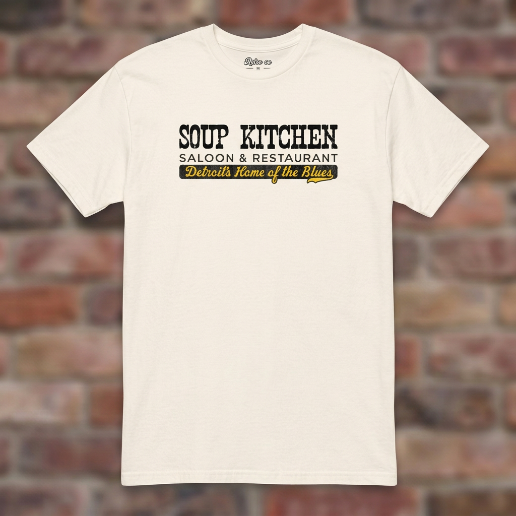 Soup Kitchen Saloon Natural T-shirt flat lay on brick background