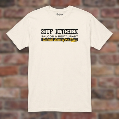 Soup Kitchen Saloon Natural T-shirt flat lay on brick background