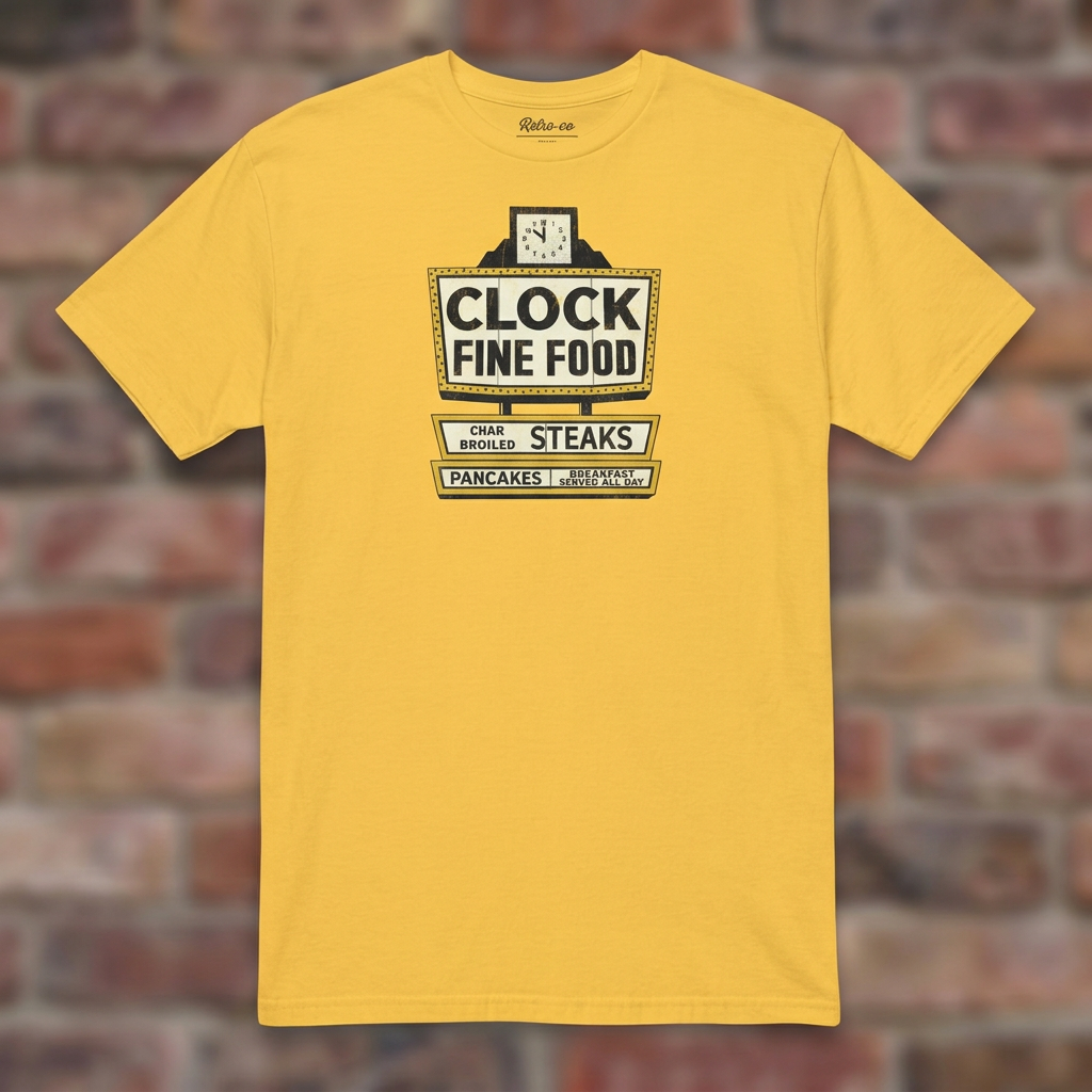 Clock Fine Food Daisy T-shirt flat lay on warm brick