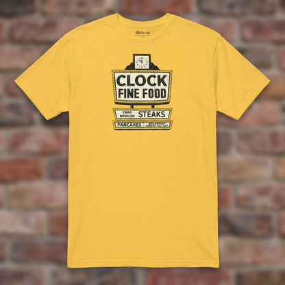 Clock Fine Food Daisy T-shirt flat lay on warm brick