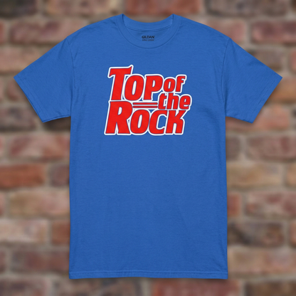 Top of the Rock Royal T-shirt flat lay on brick background