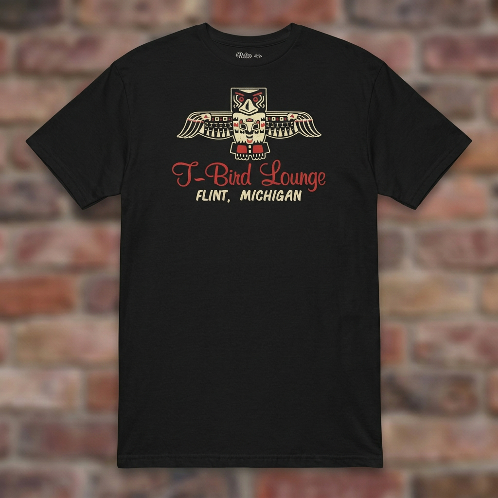 T-Bird Lounge Black T-shirt flat lay on brick background