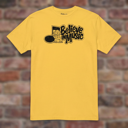 Daisy Believe in Music T-shirt flat-lay on weathered brick