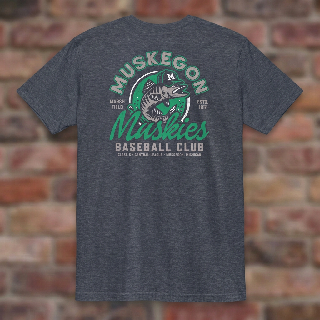Muskegon Muskies Heather Navy T-shirt flat lay on brick background