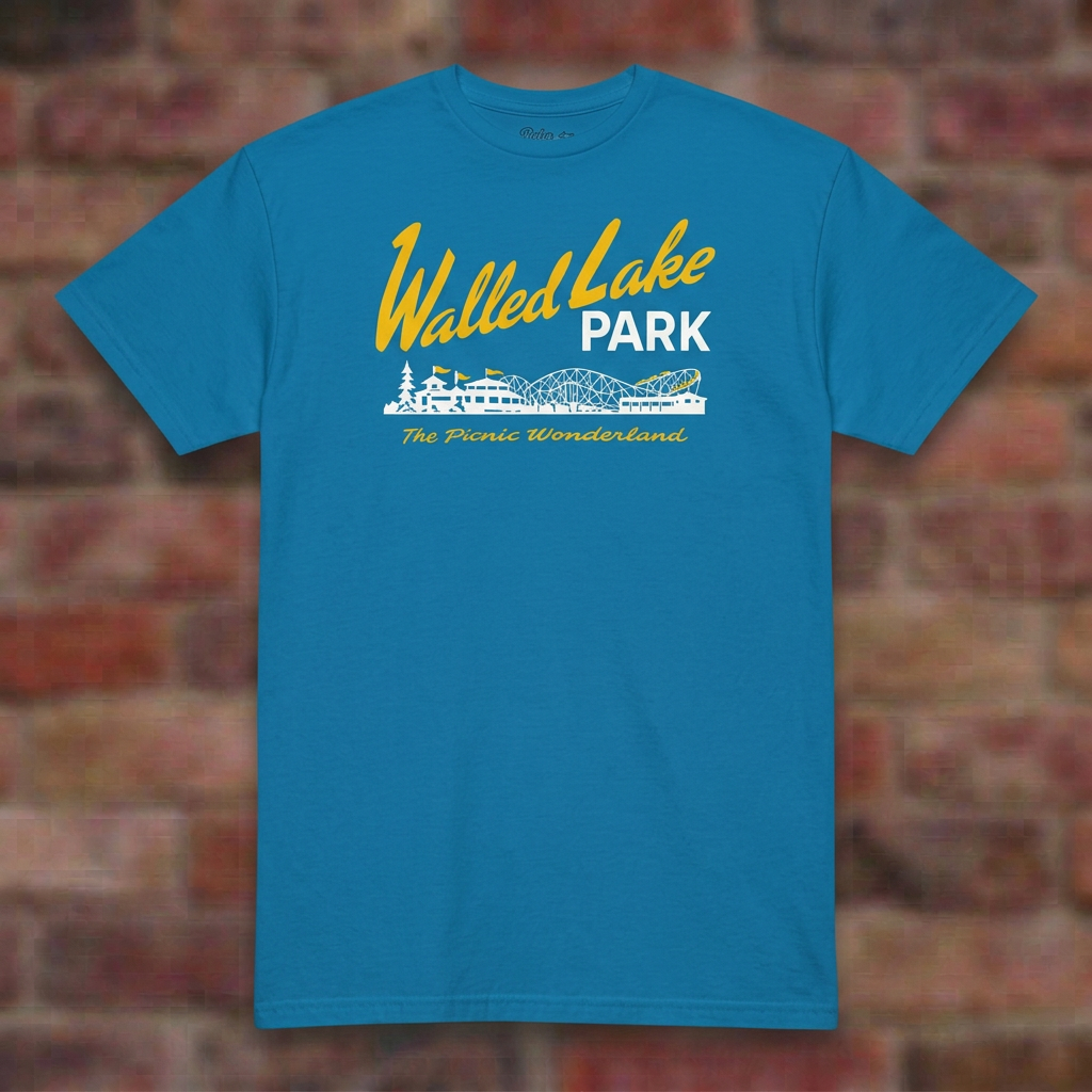 Walled Lake Park Sapphire T-shirt flat lay on brick background
