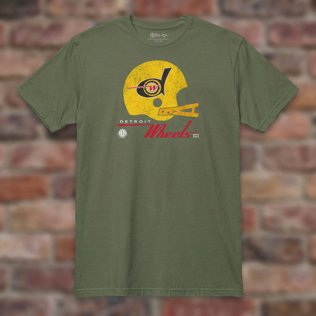 Detroit Wheels Military Green T-shirt flat lay on brick background