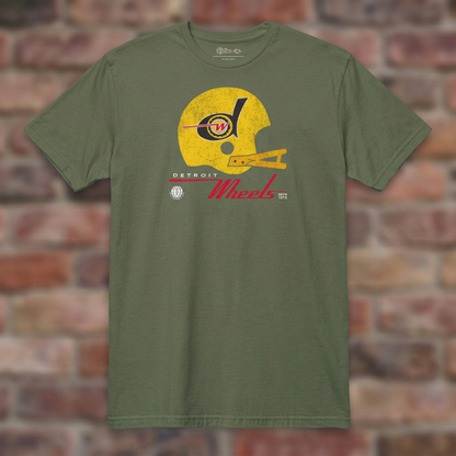 Detroit Wheels Military Green T-shirt flat lay on brick background