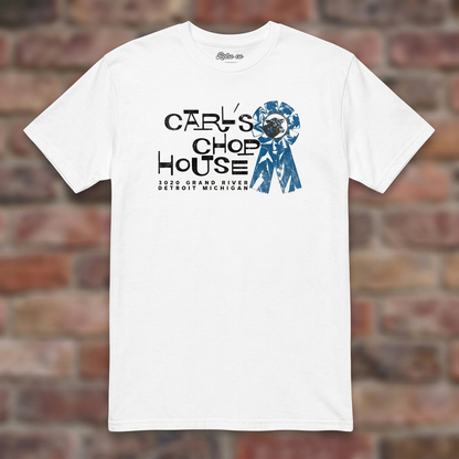 Carl's Chop House White T-shirt flat lay on brick background