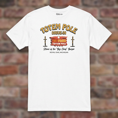 Totem Pole Drive-In White T-shirt flat lay on brick background