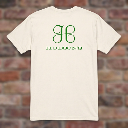 Hudson's Dept Store Detroit T-shirt in Natural, flat lay on warm brick background