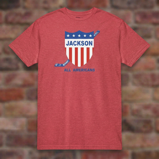 Jackson All-Americans Heather Red T-shirt flat lay on brick background