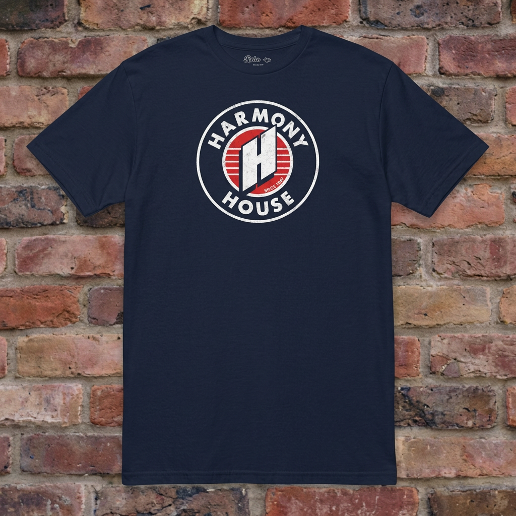Harmony House Navy T-shirt flat lay on warm brick