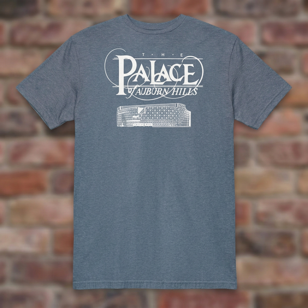 Heather Indigo Palace of Auburn Hills T-shirt flat lay on warm brick