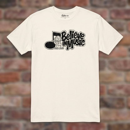 Natural Believe in Music T-shirt flat-lay on weathered brick