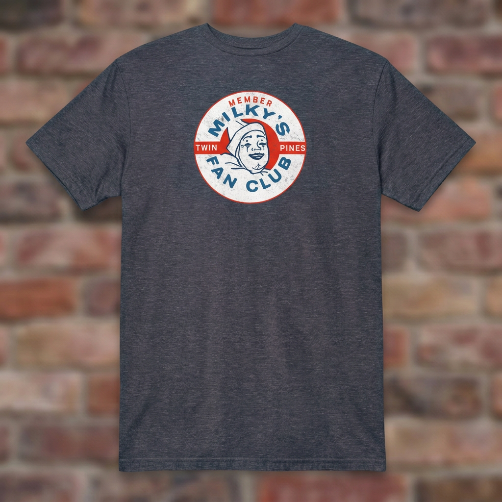 Milky the Clown Fan Club T-shirt in Heather Navy, overhead flat lay on warm brick background