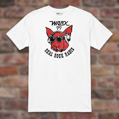 WABX White T-shirt flat lay on warm brick