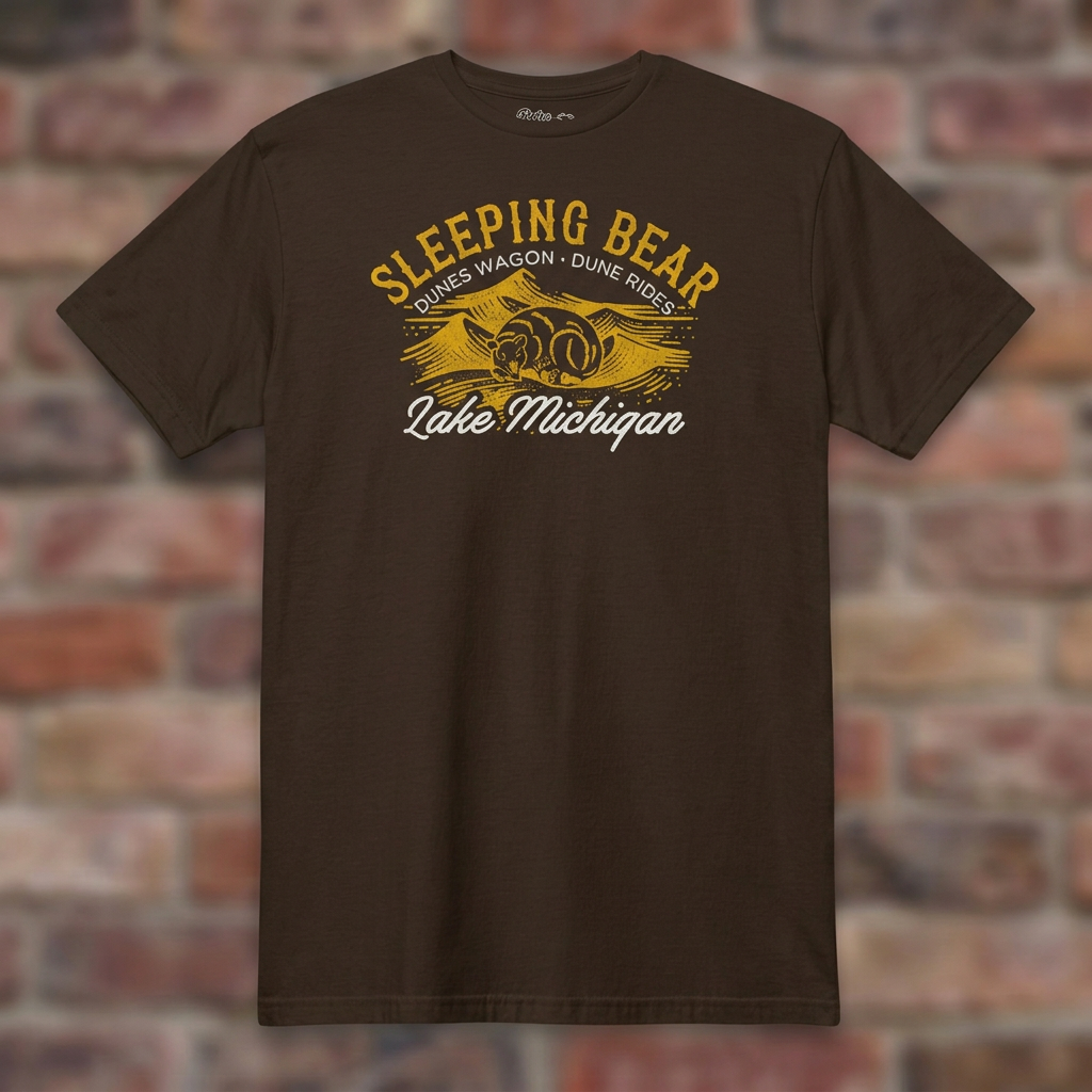 Sleeping Bear Dune Rides Dark Chocolate T-shirt flat lay on brick background