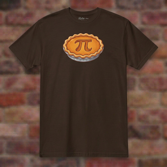 Pumpkin Pi Dark Chocolate T-shirt flat lay on brick background
