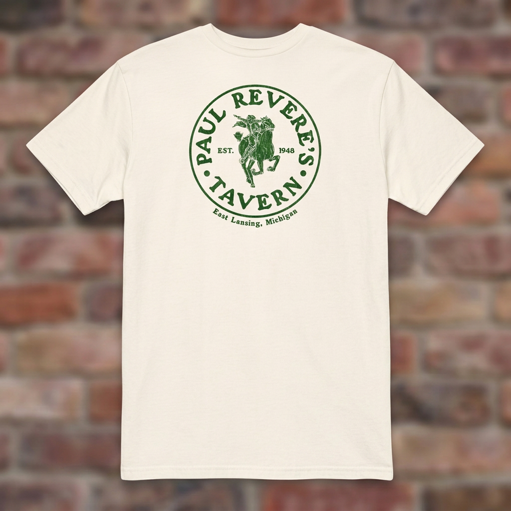 Paul Revere's Tavern Natural T-shirt flat lay on warm brick
