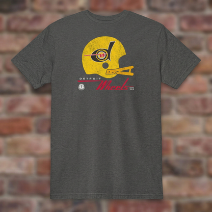 Detroit Wheels Dark Heather Grey T-shirt flat lay on brick background