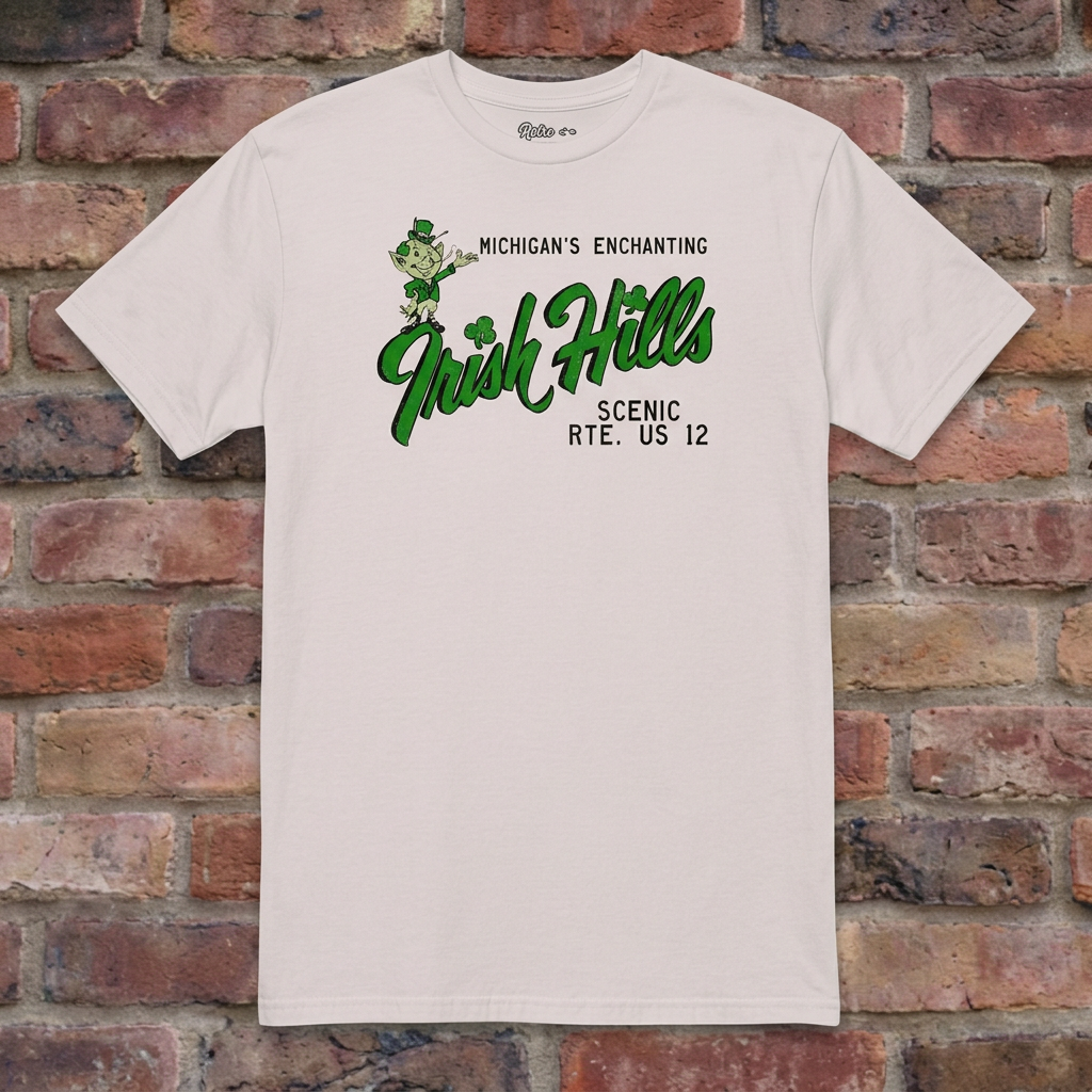 Irish Hills Michigan Ice Grey T-shirt flat lay on brick background