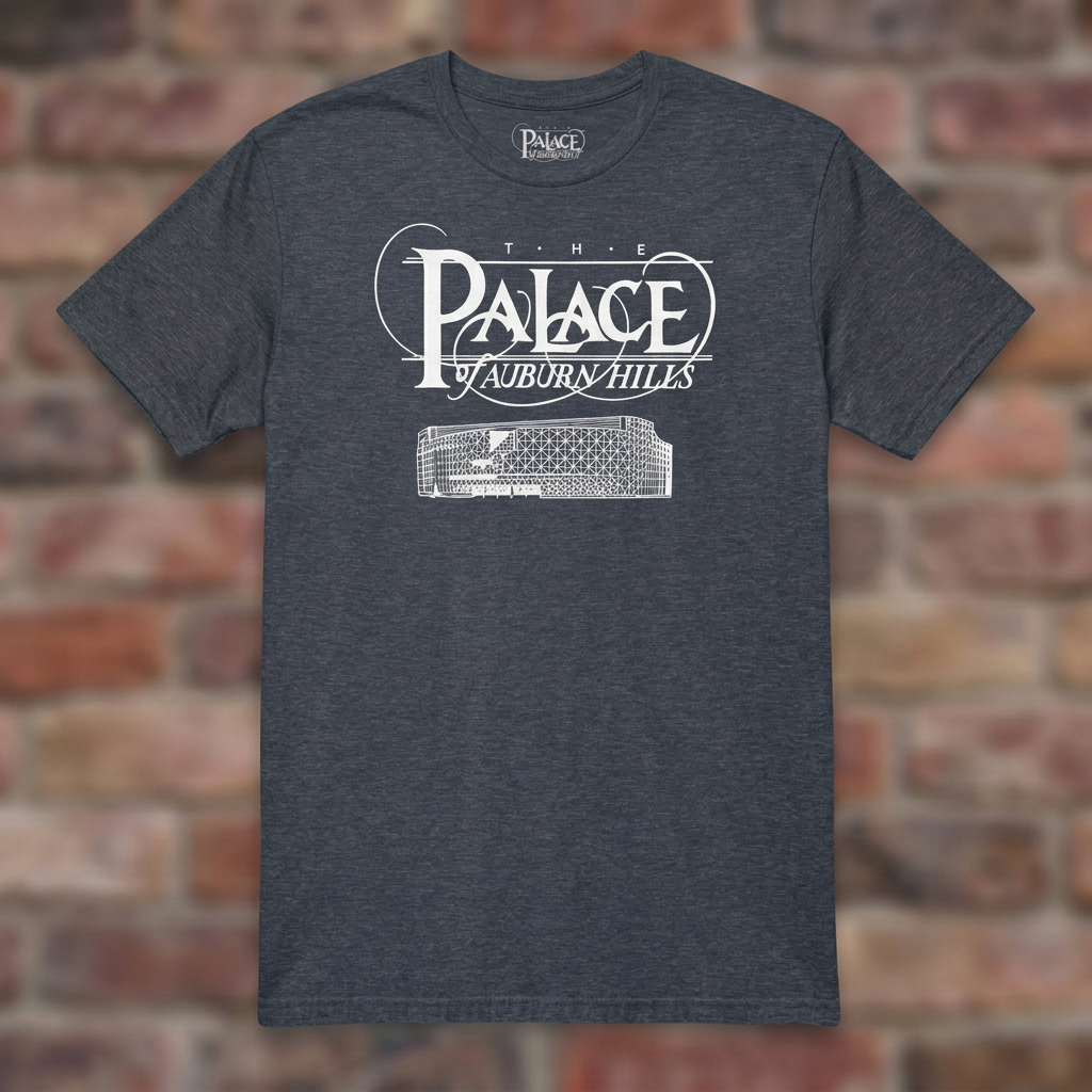Heather Navy Palace of Auburn Hills T-shirt flat lay on warm brick