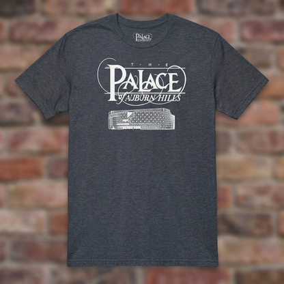 Heather Navy Palace of Auburn Hills T-shirt flat lay on warm brick