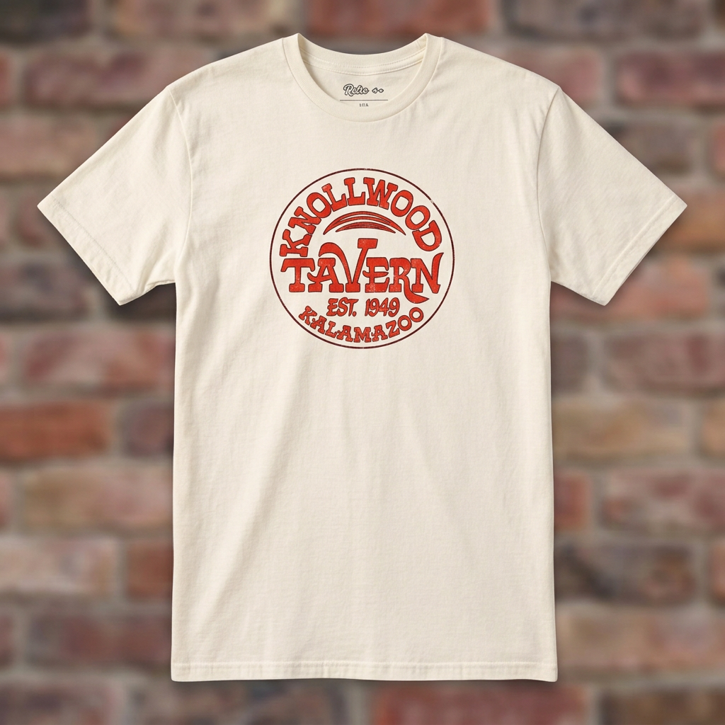 Natural Knollwood Tavern Kalamazoo T-shirt flat-lay against weathered brick