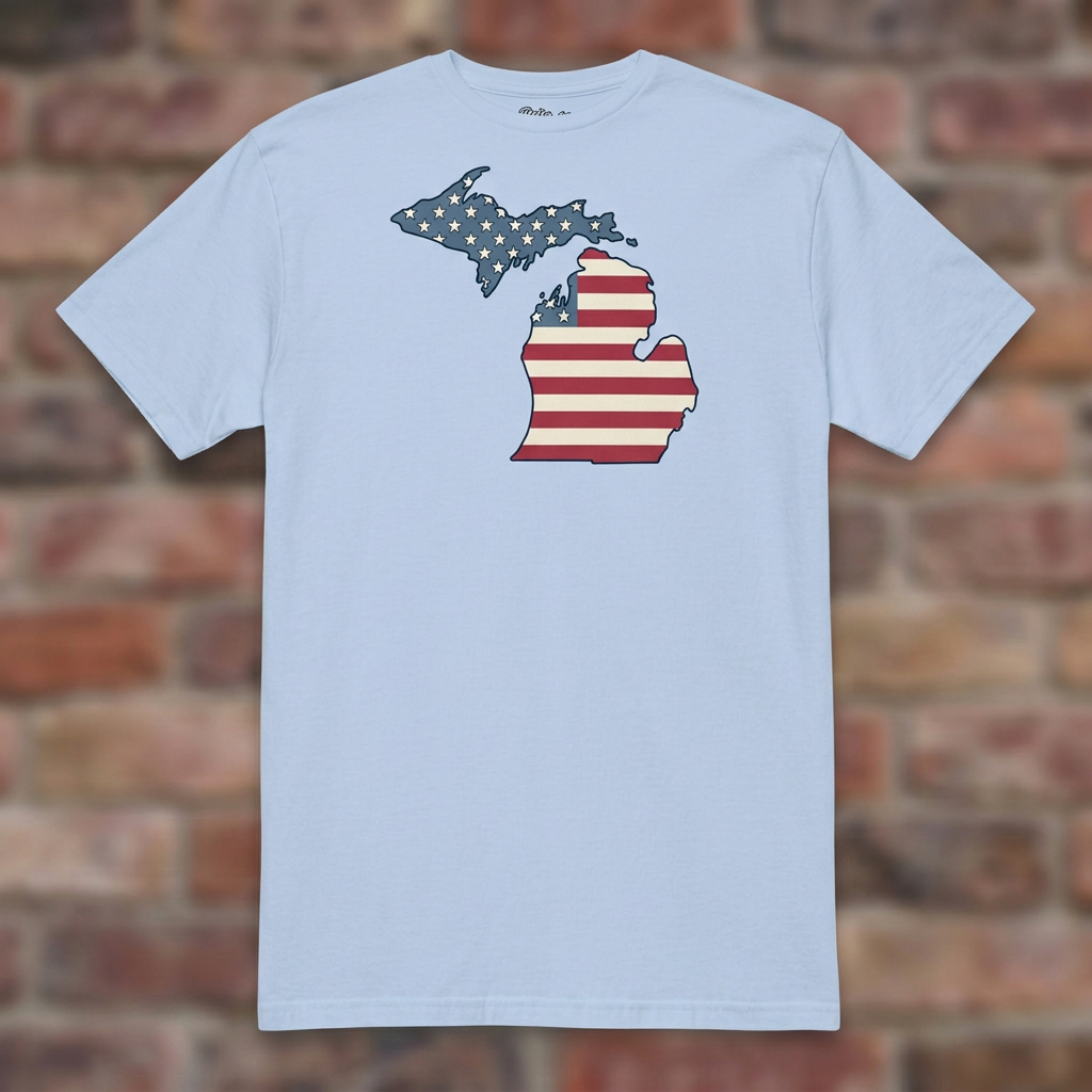 Michigan American Flag Light Blue T-shirt flat lay on brick background