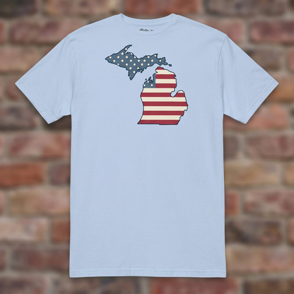 Michigan American Flag Light Blue T-shirt flat lay on brick background
