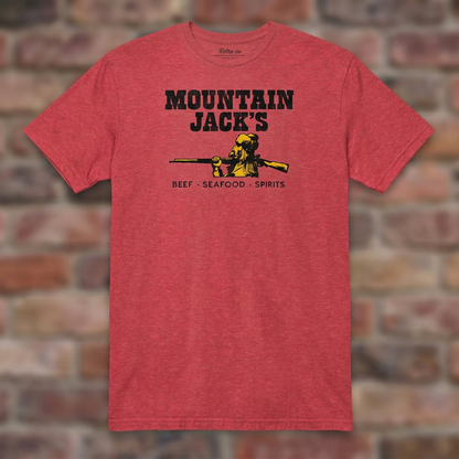 Mountain Jack's Heather Red T-shirt flat lay on brick background