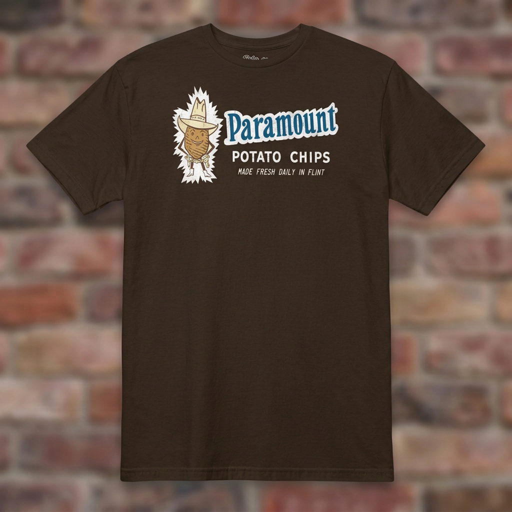 Paramount Potato Chips Dark Chocolate T-shirt flat lay on brick background