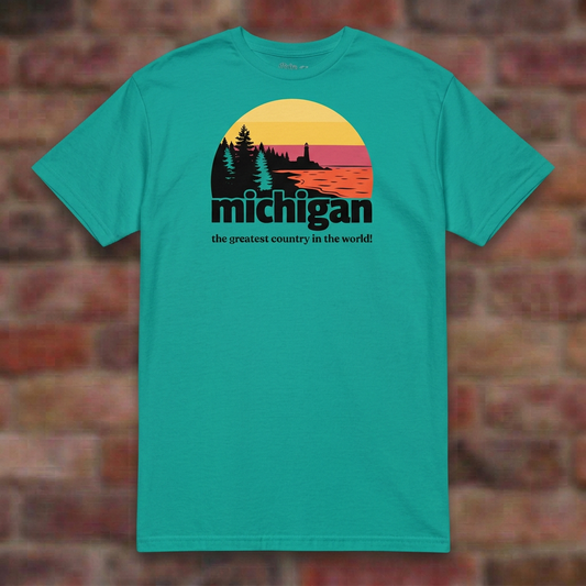 Michigan Greatest Country Jade Dome T-shirt flat lay on brick background