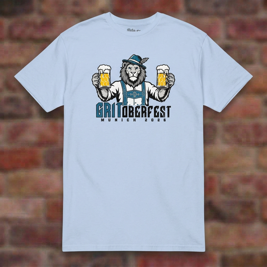 GRIToberfest Light Blue T-shirt flat lay on brick background