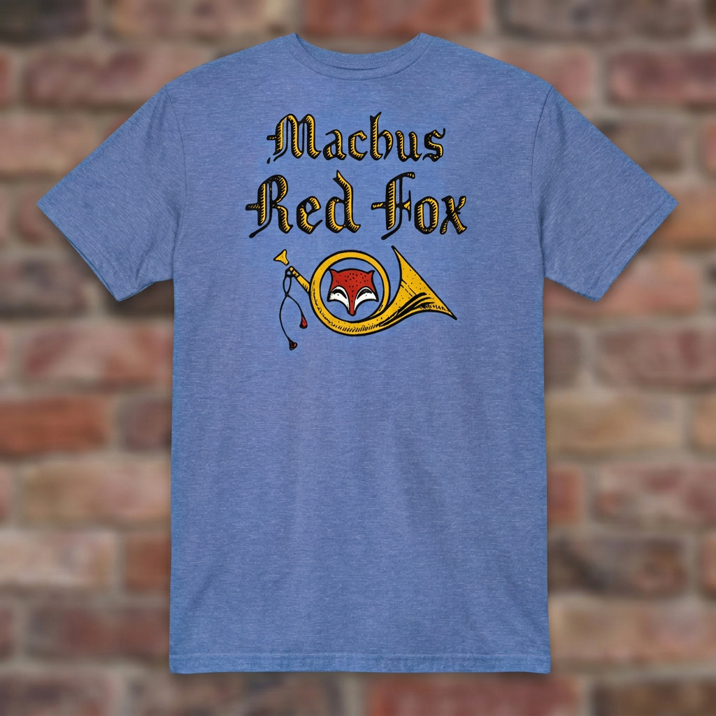 Machus Red Fox Heather Royal T-shirt flat lay on warm brick
