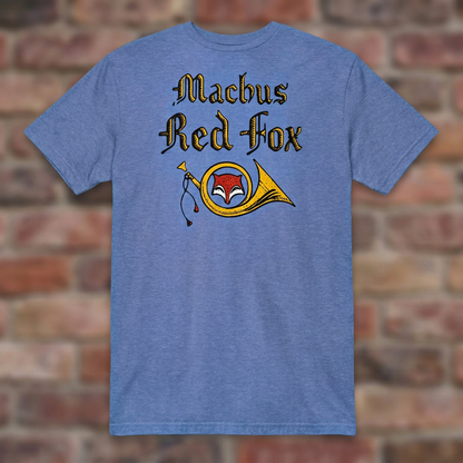 Machus Red Fox Heather Royal T-shirt flat lay on warm brick