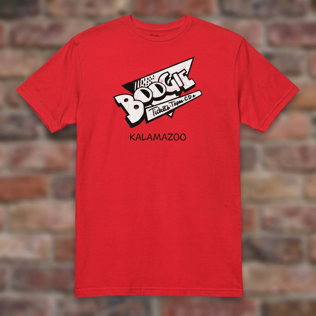 Boogie Records Red T-shirt flat lay on brick background