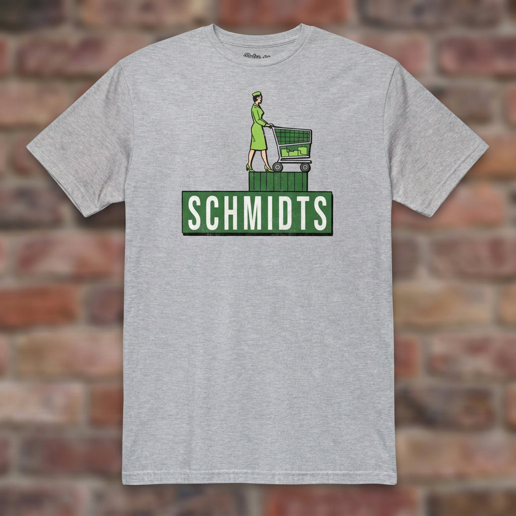 Schmidts Sport Grey T-shirt flat lay on brick background