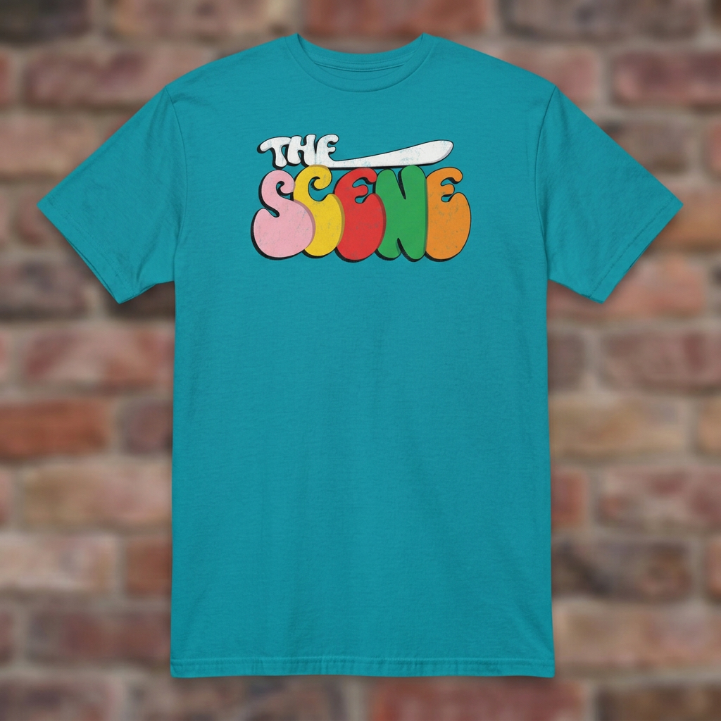 The Scene Detroit Tropical Blue T-shirt flat lay on brick background