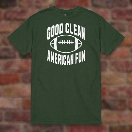 Good Clean American Fun Forest Green T-shirt flat lay on brick background