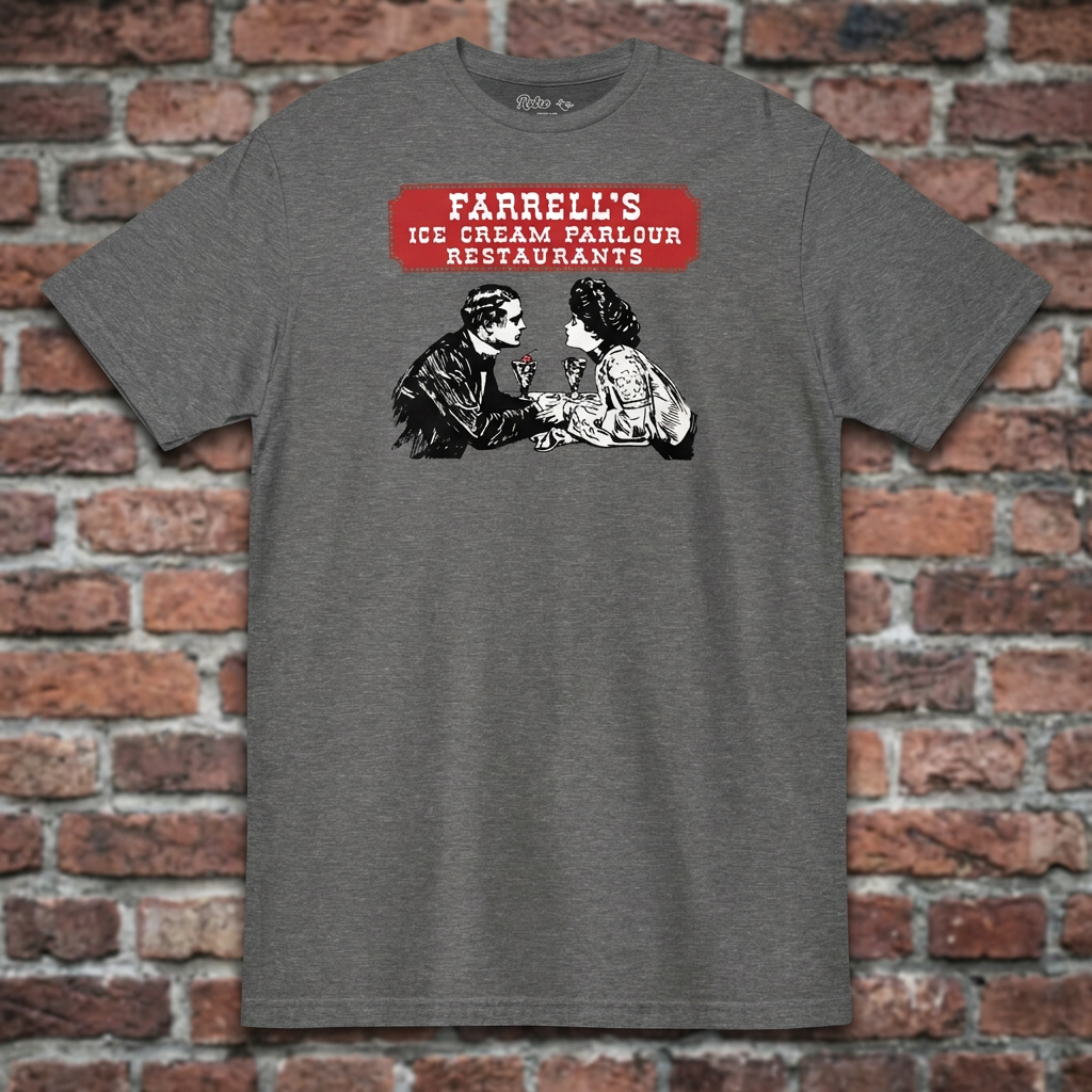 Farrell's Ice Cream Parlour Graphite Heather T-shirt flat lay on brick background