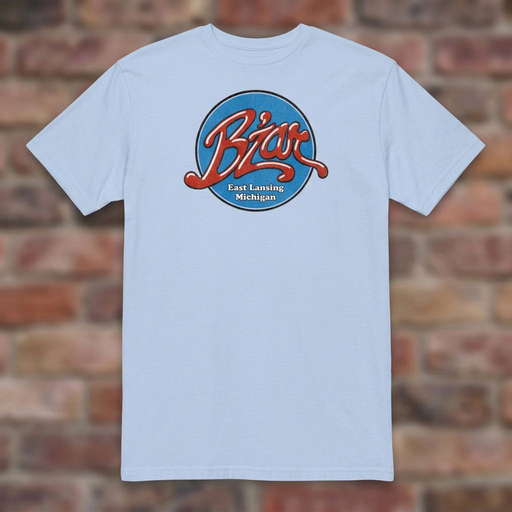B'Zar Nightclub Light Blue T-shirt flat lay on brick background